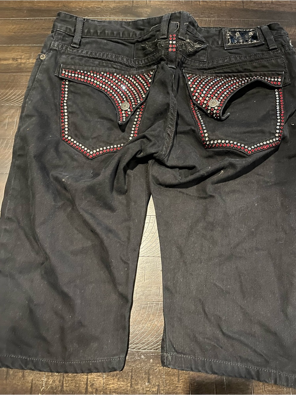 Men's Robin’s Jean Black Jeans Shorts with Red Studded Pocket Accents 38